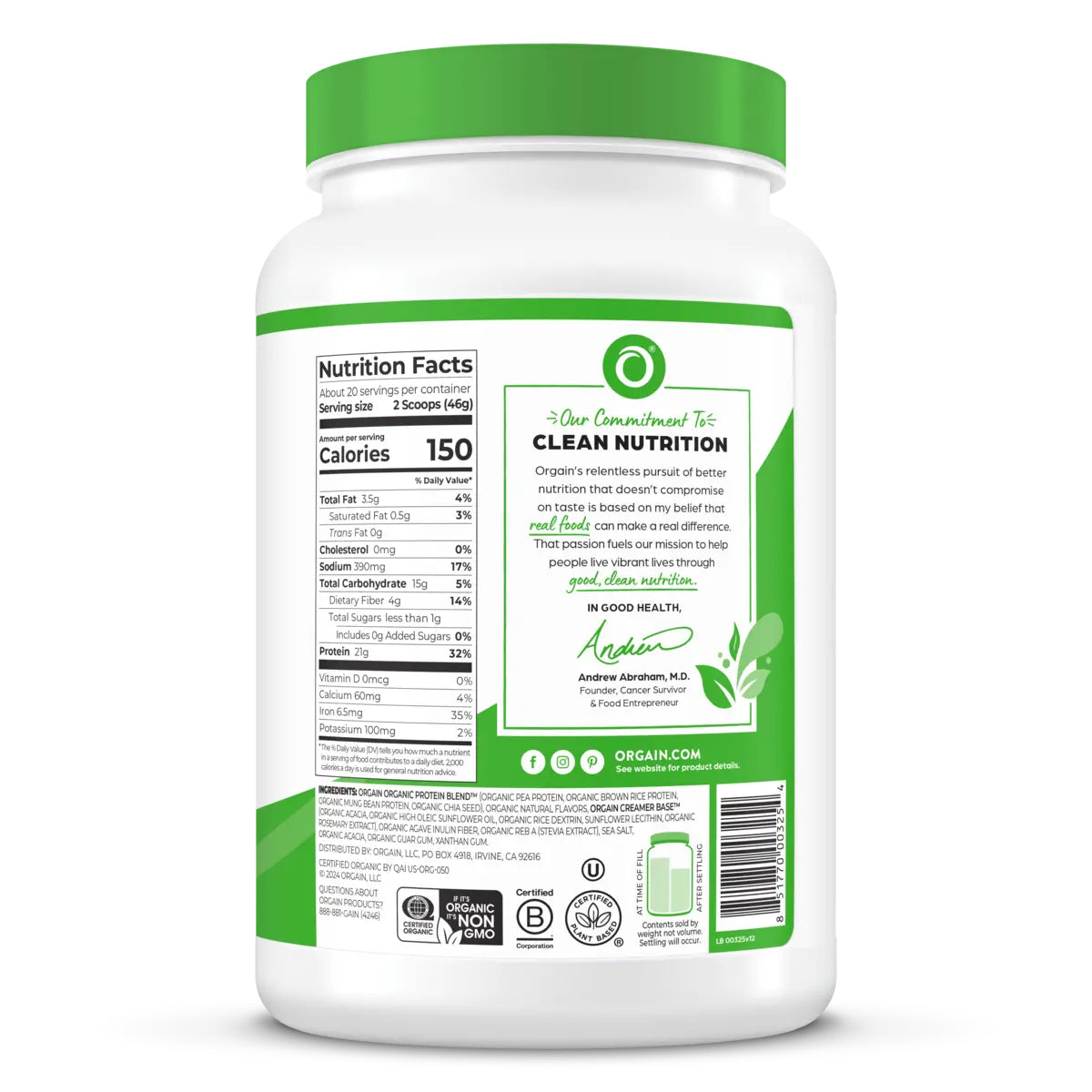 Organic Protein™ Plant Based Protein Powder - Vanilla Bean